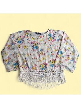 Zouk Women's BoHo Floral Top Lace Trim & Fringe - Sz Large Swim Beach Cover Up